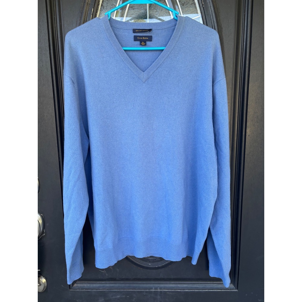 Club Room Mens XL Blue 100% Fine Cashmere V-Neck Knit Sweater Long Sleeve